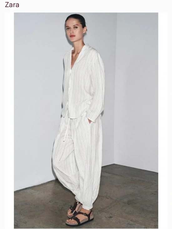 Zara ZW Womens Balloon Pants Trousers XS S White blue striped Linen NWT