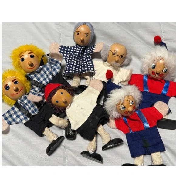 Vintage Wooden Head Hand-painted Finger Puppets Set of 7 Folk Art