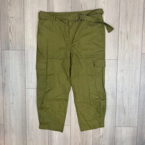 Quince Olive Green Organic Cotton Linen Belted Cargo Pants XL NEW