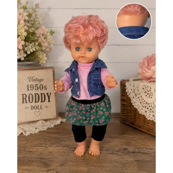 Vintage 1950s Roddy Doll Pink Hair Blue Eyes 14 Inch Vinyl Doll England