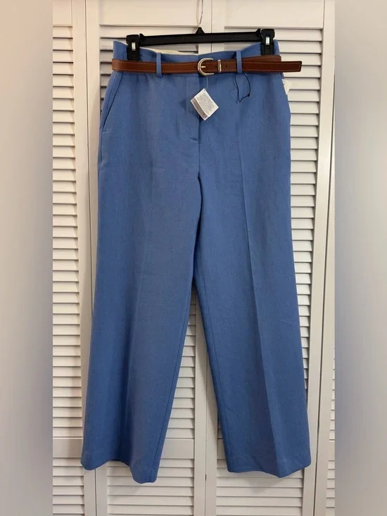 NWT Zara Women's Blue LINEN BLEND STRAIGHT LEG PANTS Size Medium