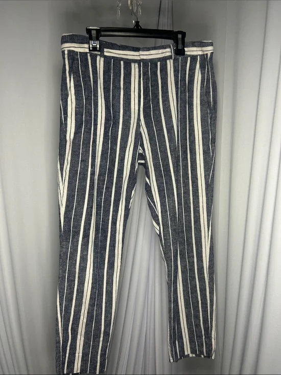 Banana Republic Navy & White Striped Straight-Leg Pants linen blend