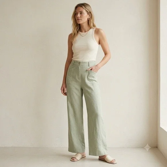 Zara Womens Pants Medium Grey Wide Leg High Rise Linen Blend Coastal Minimalist