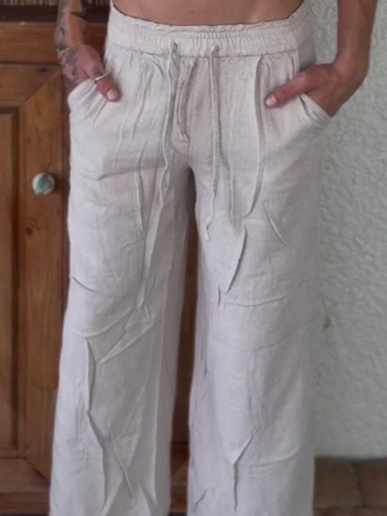 H&M Beige Viscose Linen Blend Wide Leg Pants Size 2
