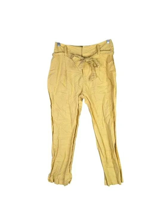 Womens Zara Basic Yellow Paperbag Tie Waist Pants 100% Linen Hi Rise Size XS