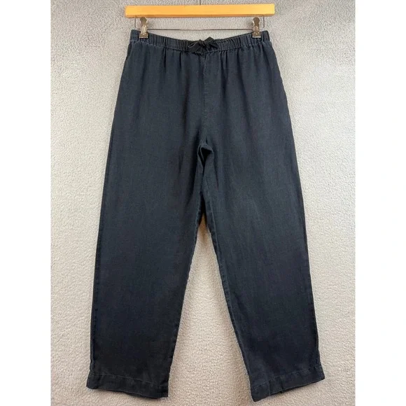 Quince Black 100% European Linen Straight Leg Cropped Drawstring Pants Womens M