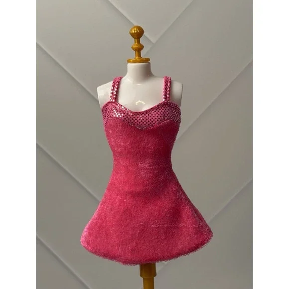1997 Sweetheart Barbie Doll Pink Short Velvet Dress Silver Accents