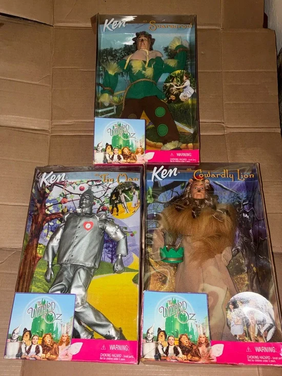 Ken Wizard of Oz Doll Set - Scarecrow Tin Man Cowardly Lion - Green/Brown/Silver