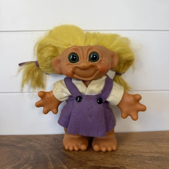 Vintage 60-70s Thomas Dam Troll Bank Doll w/ Yellow Hair & Purple Dress 7 