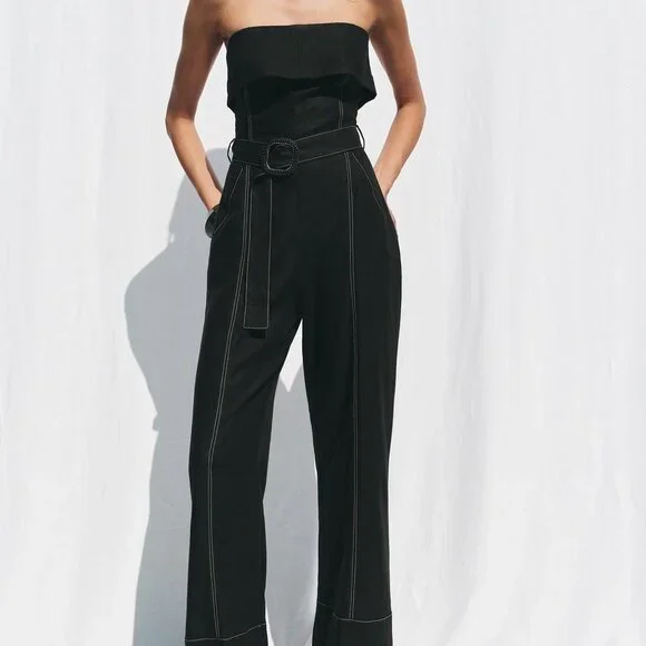 ZARA Black Linen Strapless Jumpsuit – Belted, Straight Leg, EU Linen Size Small