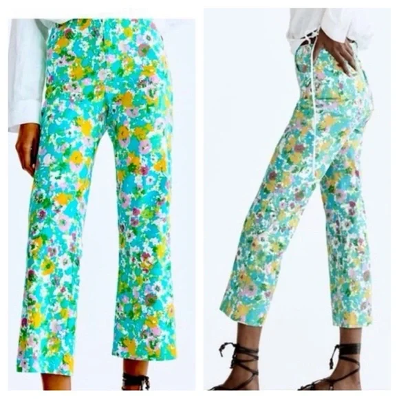Zara Blue Green Pink Floral Linen Crop Pants Sz 2 NWT