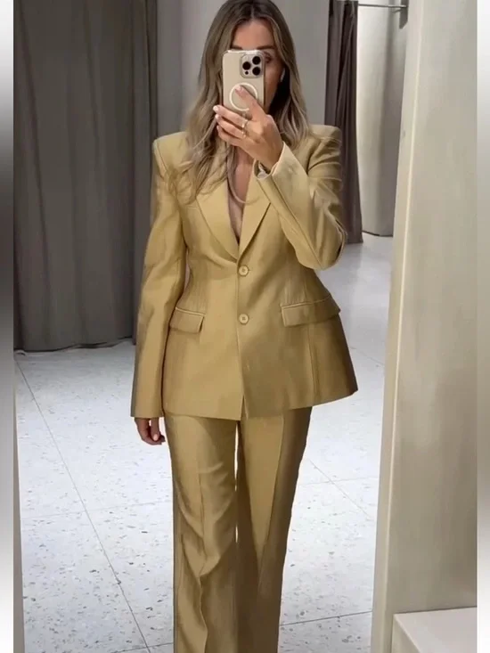 Zara NWT 2 piece SET ZW collection Gold cinch waist structured blazer & pants