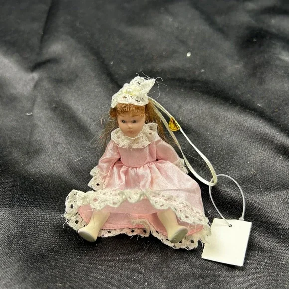 Vintage Miniature Porcelain Doll Ornament Pink Lace Victorian Dress 4 inch