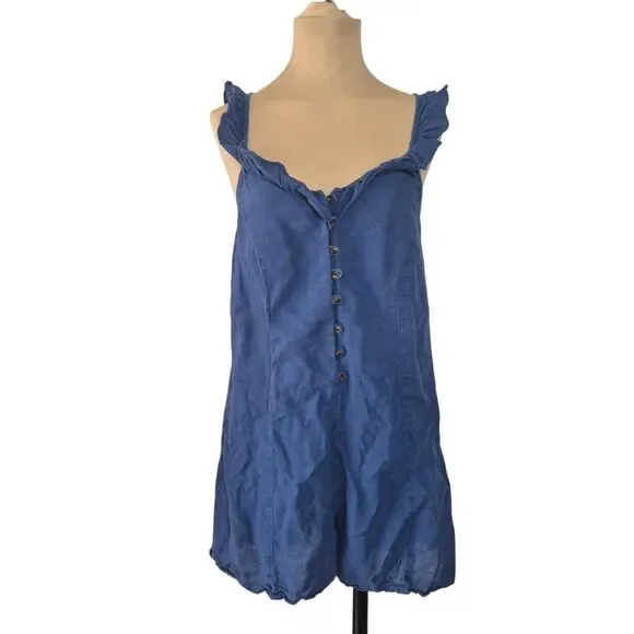 Zara Blue Linen Cotton Blend Romper Ruffle Straps Button Front Size Small