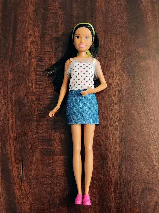 Barbie Doll with Denim-Style Blue Skirt and Pink Shoes