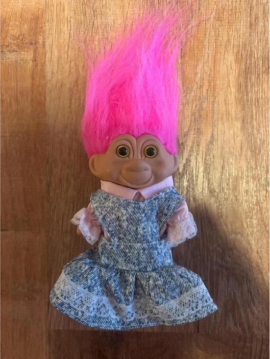 Troll Doll Vintage Girl Troll Pink Hair in Long Denim Dress Pink Shirt 5” EUC