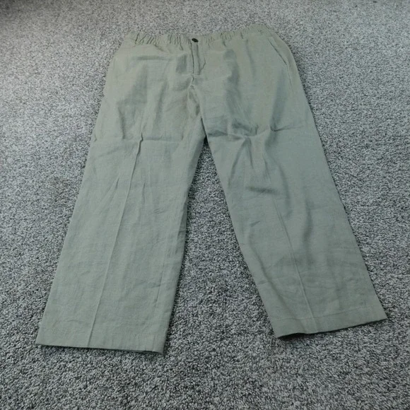 H&M Pants Womens L Green Linen Chambray Elastic Waist Chino Trouser Stretch