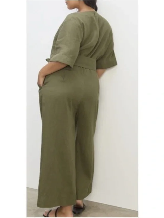 EVERLANE Linen Wrap Short-Sleeve Jumpsuit with Tie Waist in Kalamata - Size 14