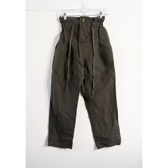 Zara Women Super High Waisted Paper bag Linen Blend Pant Green size XS
