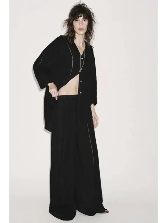 Zara ZW womens Linen Palazzo Pants trousers XS Black Wide Leg 4043/059 NWT