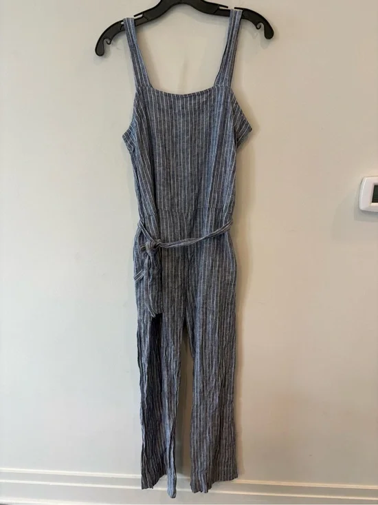 Quince Linen Wide Leg Striped Blue Jumpsuit with Tie Waist Small