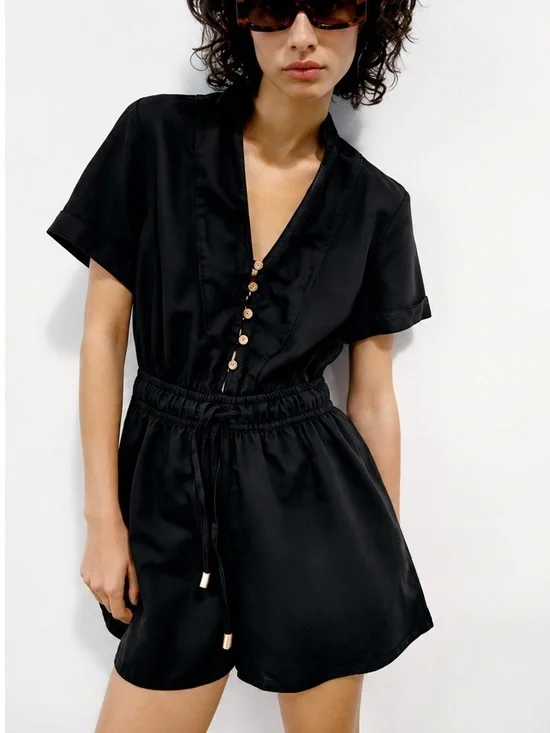 Zara Black Short-Sleeve Button-Front Romper