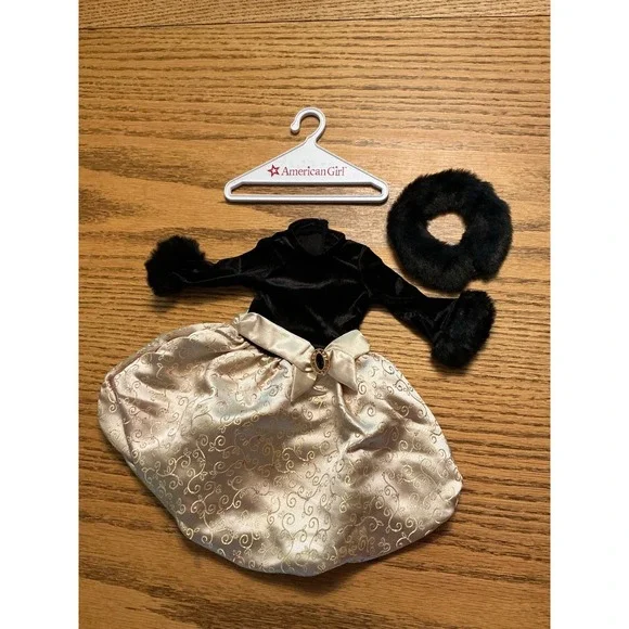 American Girl Doll Holiday Dress Black Velvet Gold Swirl Skirt Faux Fur Stole