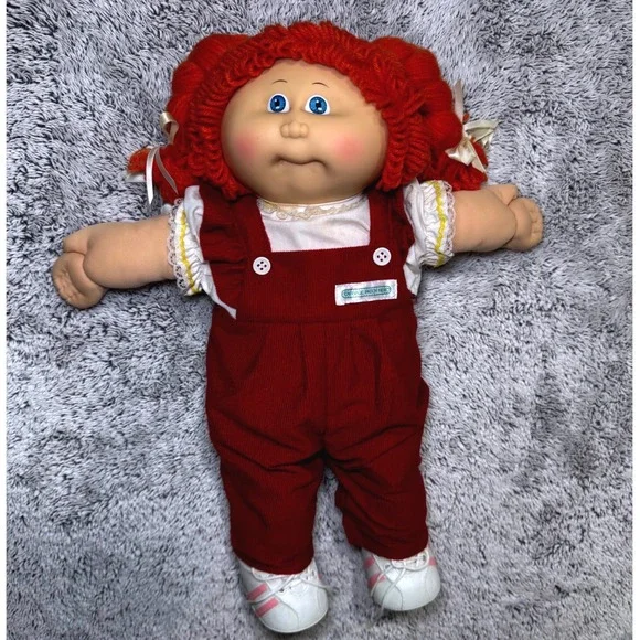 Cabbage Patch Kids Vtg Girl Doll Red Yarn Hair Blue Eyes Red Corduroy Overalls