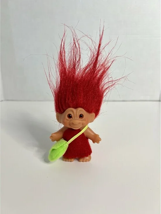 Vintage 2005 Troll Doll Good Luck Dam Red Hair with Green Purse 3” H