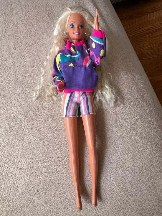 Vintage 1990s Barbie Doll in Neon Print Pullover and Striped Shorts
