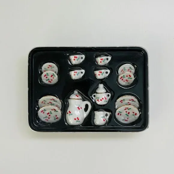 15 Piece Dollhouse Minature Ceramic Red Cherry Tea Set in 1:12 Scale