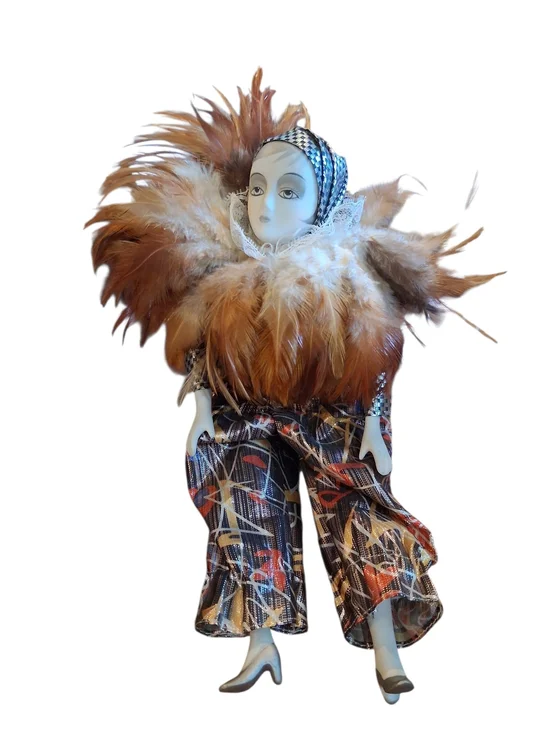 Collectible Porcelain Doll with Feather Collar - Brown & Cream