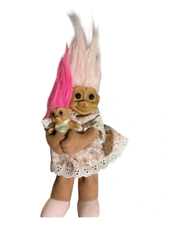 Russ Berrie Pink and Hot Pink Hair Mama Troll Doll with Baby