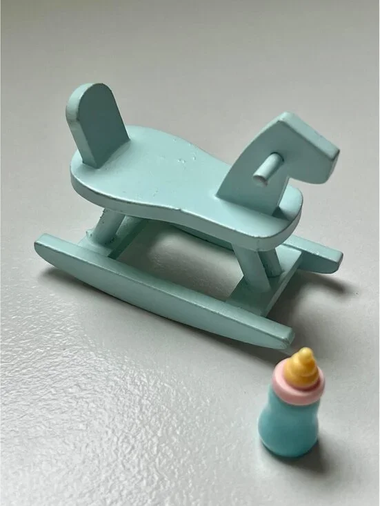 Miniature Dollhouse Blue Rocking Horse with Baby Bottle Scale 1:12