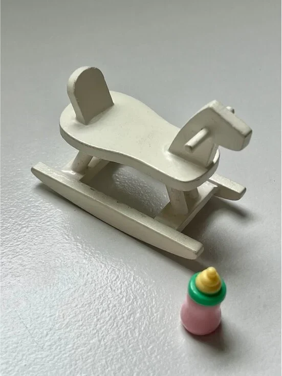 Miniature Dollhouse White Rocking Horse with Baby Bottle Scale 1:12