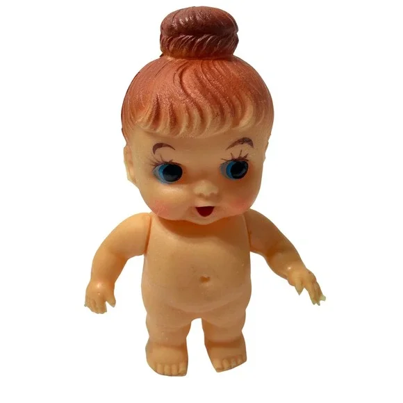 Vintage Japan Rubber Baby Doll Squeeze Toy Top Knot Bun Blue Eyes Kitsch 4.75in