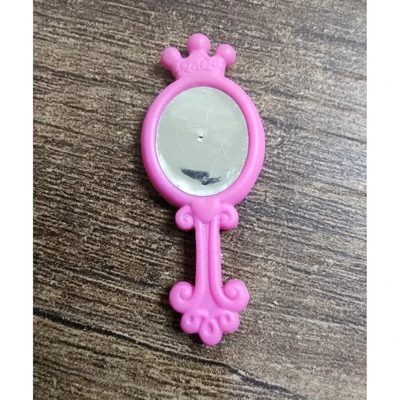 Fashion Doll Handheld Mirror Pink Oval Crown Top Scroll Handle
