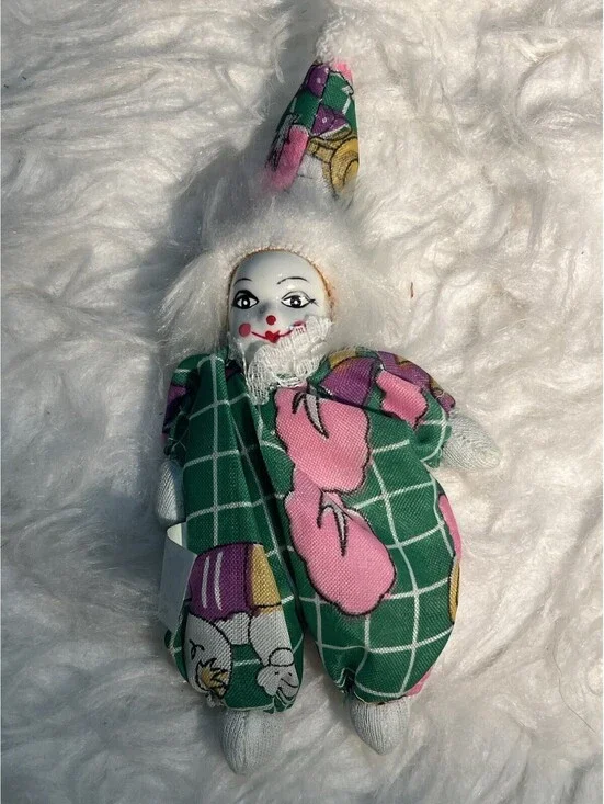 Vintage Porcelain Clown Dolls Sand Bag: Green Outfit & White Hair