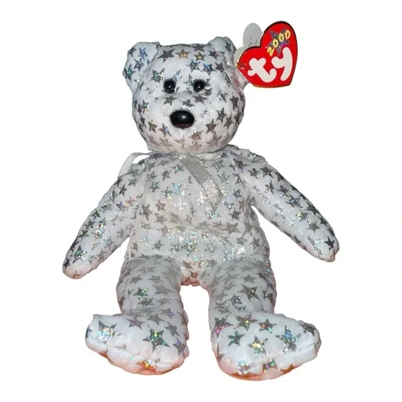 vintage Ty White Bear with Silver Stars Plush Toy with tag errors