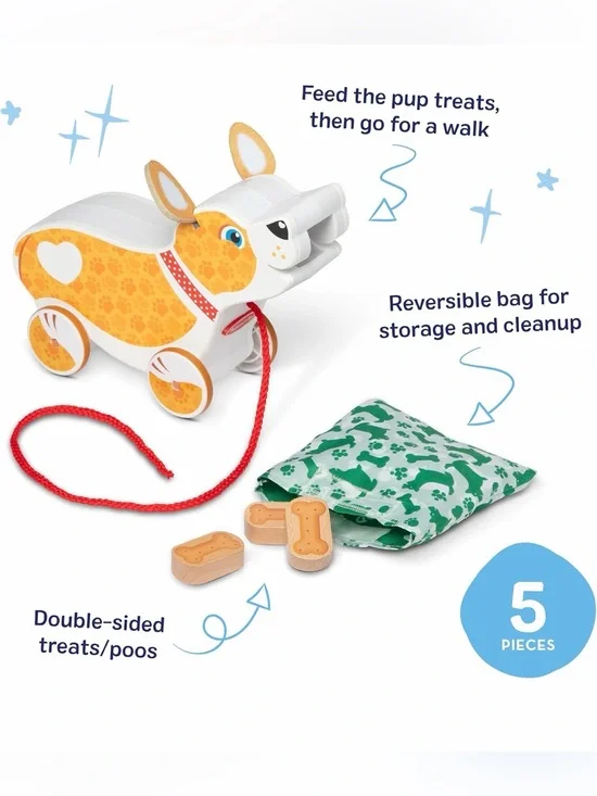 Melissa & Doug Feed, Walk & Poo Pup Wooden Preschool Pull Toy Ages 18m +