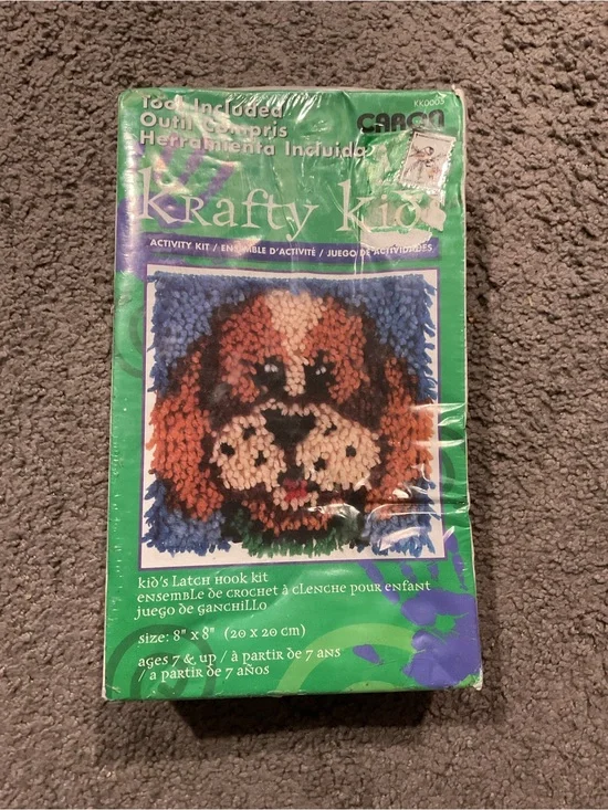 Vintage Krafty Kid Caron Latch Hook Dog Puppy Kit Art Rug - Green, Blue, Brown