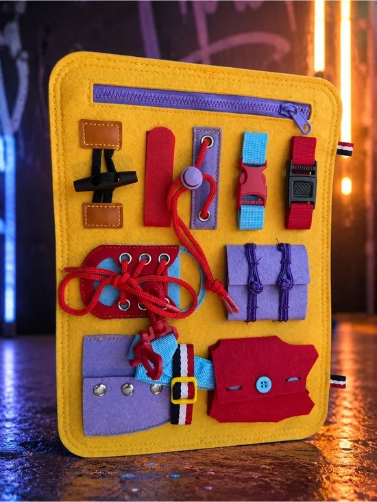 Kids Activity Learning Small Board – Yellow Busy Board with Multicolor Fasteners