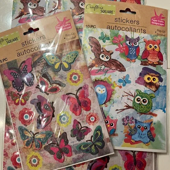 Animal Themed Pop-Up Stickers (10 Packs Owls Butterflies) ‎ NEW