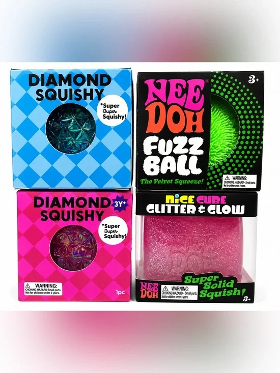 NeeDoh Sensory Toy Bundle 4 Pack Diamond Squishy Fuzz Ball Nice Cube Glow NEW