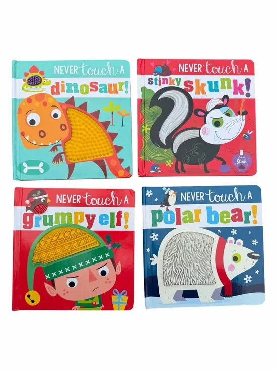 Never Touch a Board Book Lot of 4 Dinosaur Skunk Elf Polar Bear Touch & Feel