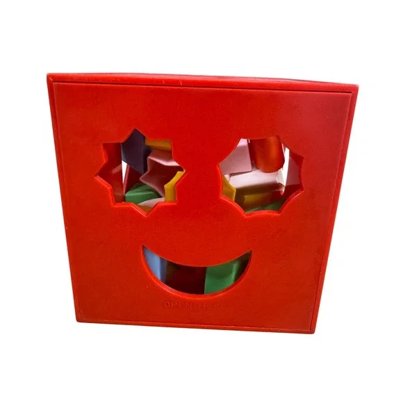 Vintage Child Guidance Toy Shape‎ Sorter Red Cube with 18 Colorful Blocks 1970s