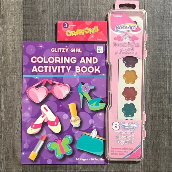 💞 New Glitzy Girl Coloring and Activity Book Set with Crayons and Paints