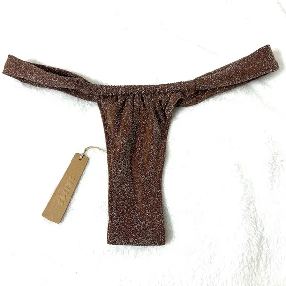 Skims Glitter Swim Ruched Tanga Bikini Bottom Jasper Brown Size L