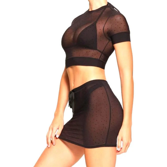 NWT SKIMS MESH RHINESTONE COVER MINI SKIRT XXS ONYX BLACK BLING