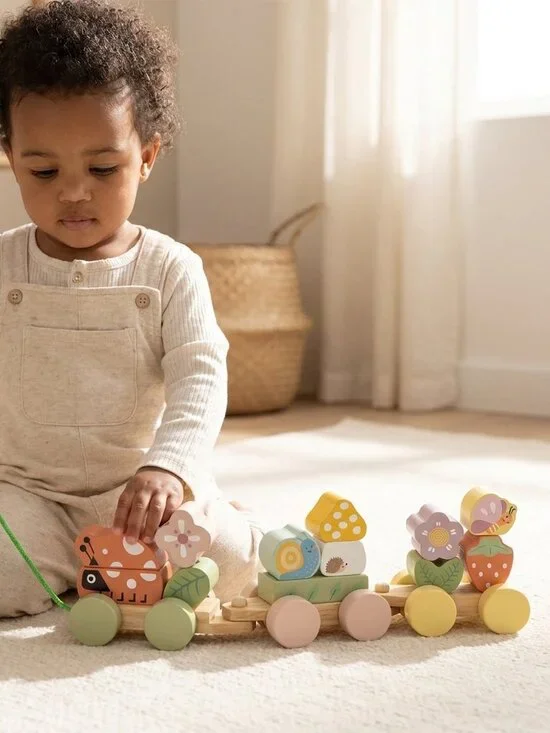 Montessori Wooden Pull Along Animal Train Toy for Toddlers New